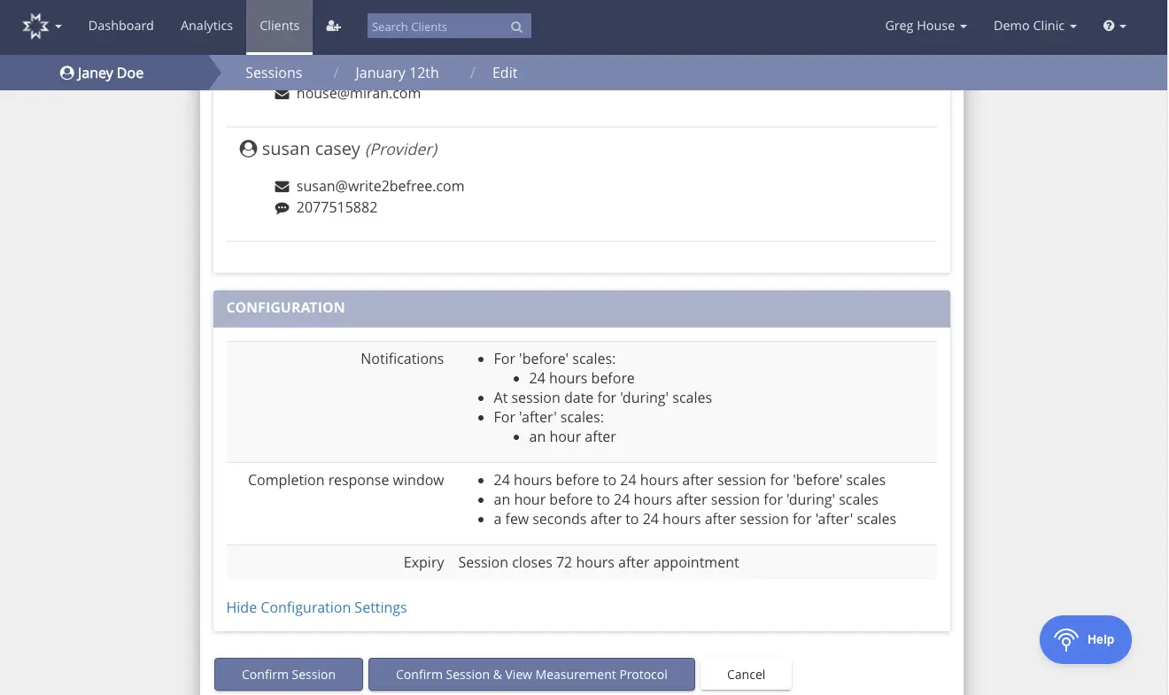 Mirah platform session configuration for January 12th with notification and completion response settings