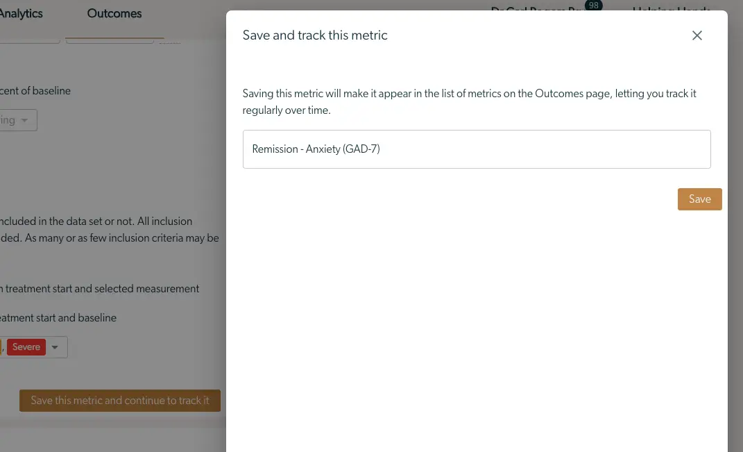 Mirah Outcomes Framework - Save and track this metric modal for Remission - Anxiety (GAD-7)