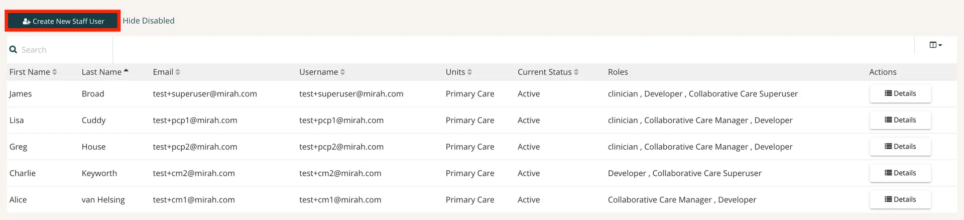 Mirah platform user management screen for creating and adding primary care physicians.