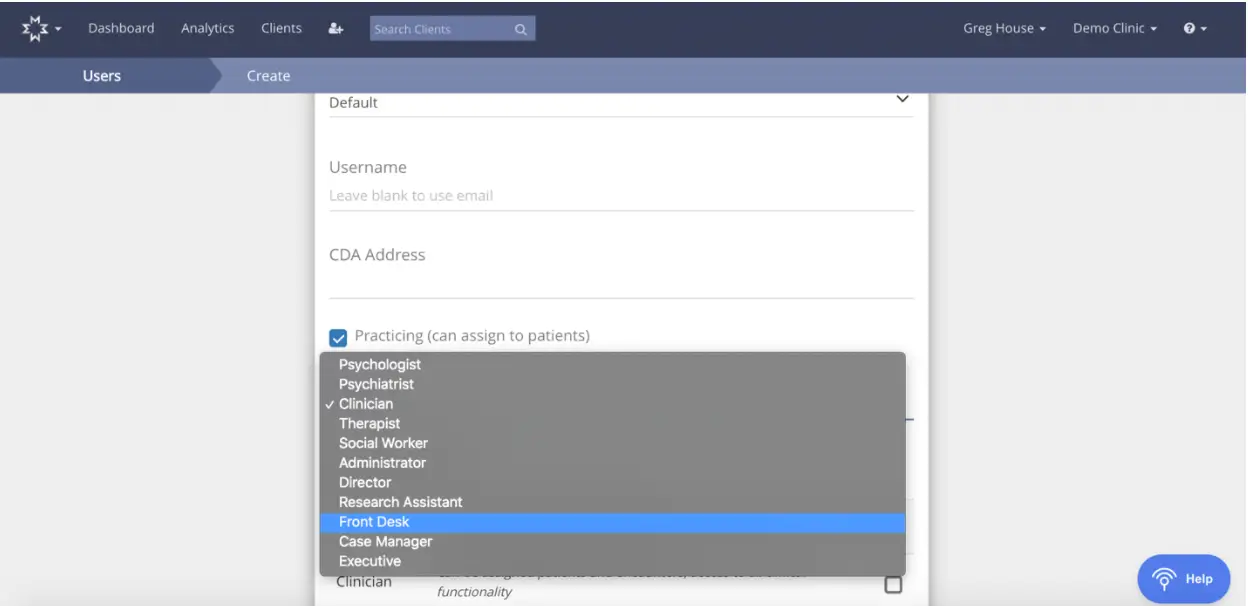 Mirah platform Users Create page for adding staff users with role selection dropdown open.