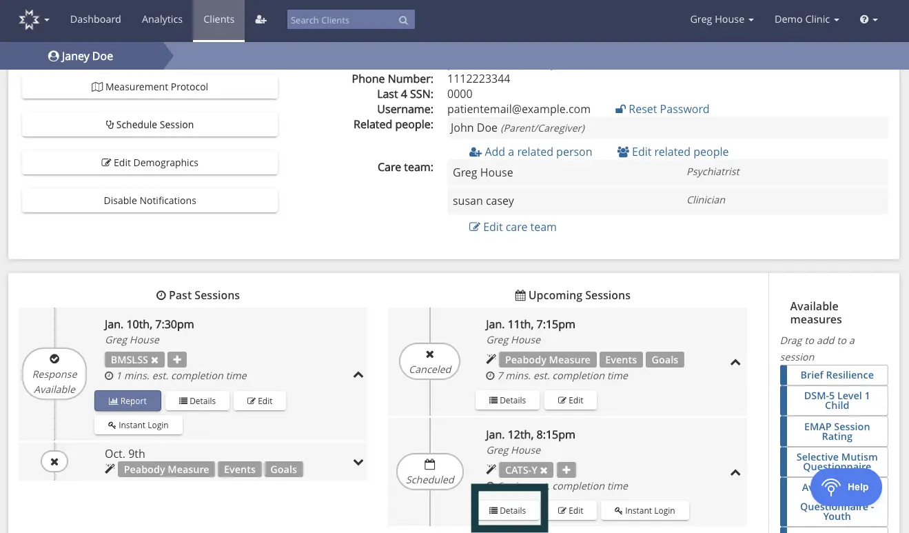 Mirah platform client management screen for Janey Doe, showing past and upcoming sessions with available measures.