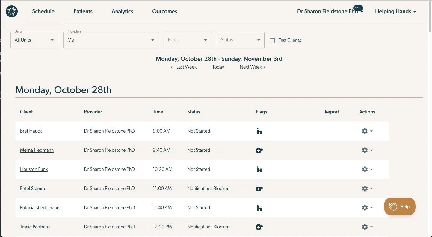 Mirah Schedule page for Monday, October 28th showing client appointments and status