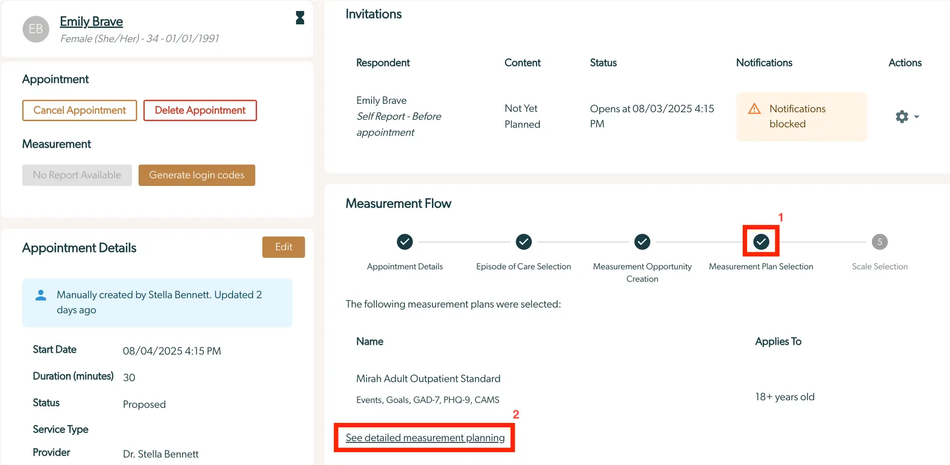 Mirah Measurement Protocol Tool - Emily Brave's Appointment and Measurement Flow