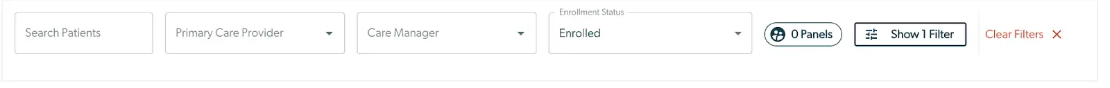Mirah Collaborative Care panel search interface with filter options for patients, providers, managers, and enrollment status.