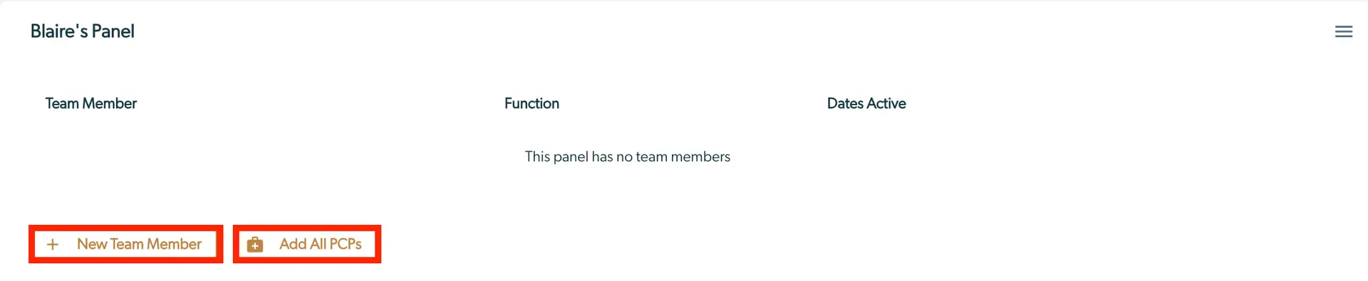 Blaire's Panel in Mirah user management feature showing options to add new team members and primary care physicians.