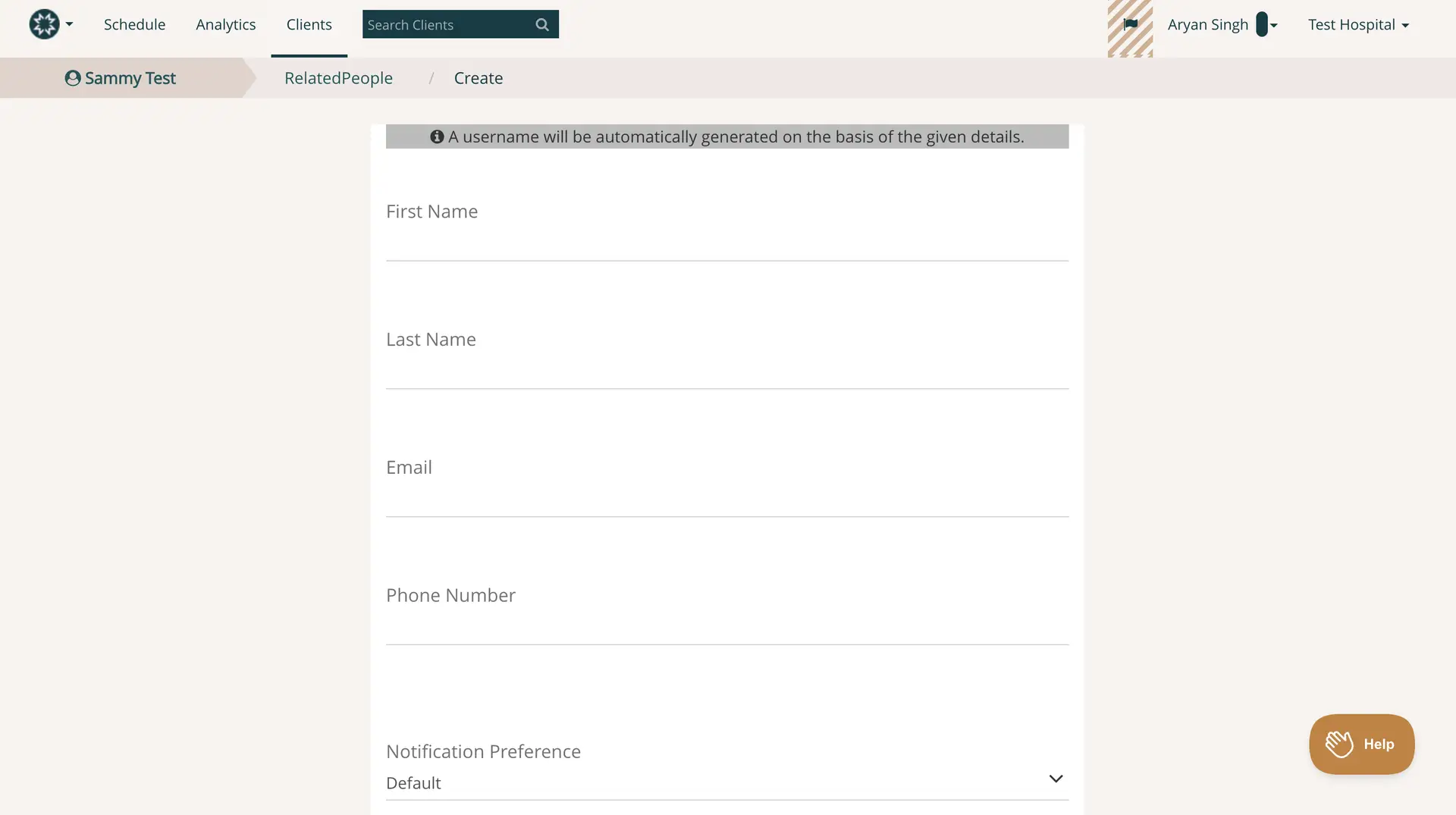 Mirah platform screen for creating a related person under Sammy Test client.