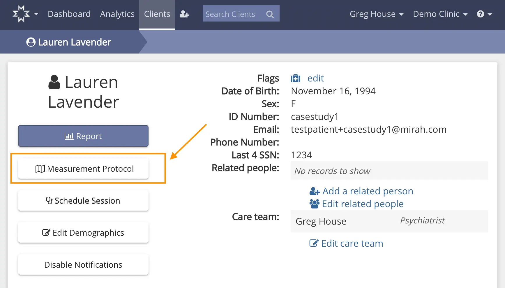 Mirah Clients section, Lauren Lavender's patient profile with Measurement Protocol highlighted