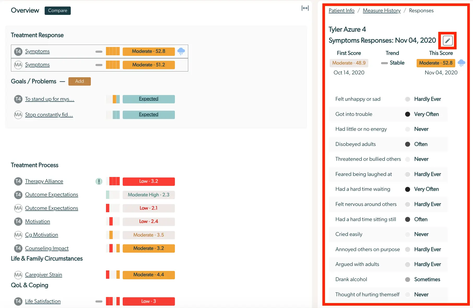Mirah Enhanced Feedback Report for Tyler Azure, showing symptom responses and treatment metrics dated November 4, 2020.