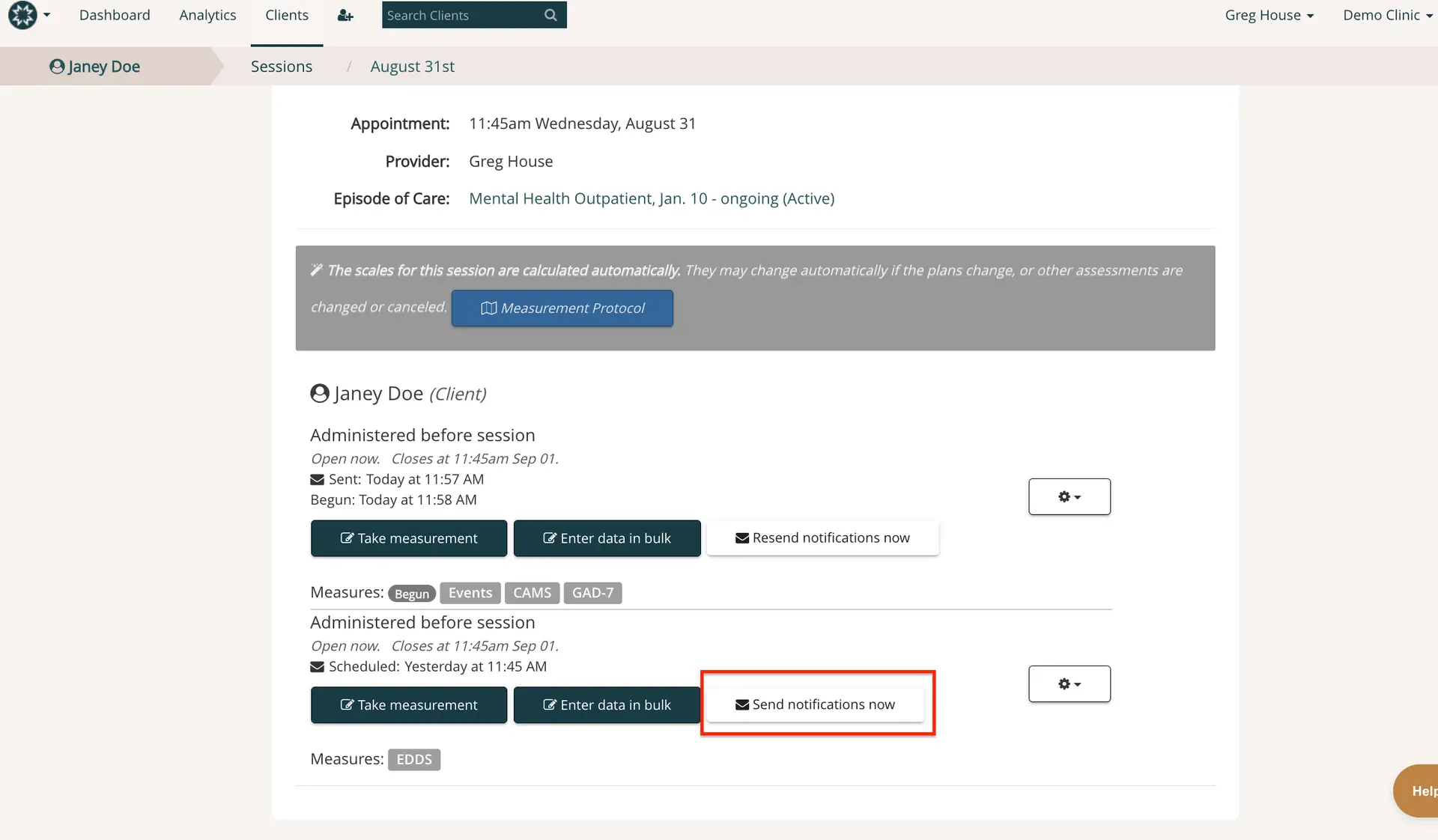 Mirah platform session details for Janey Doe on August 31st, showing appointment with Greg House and options for managing measures.