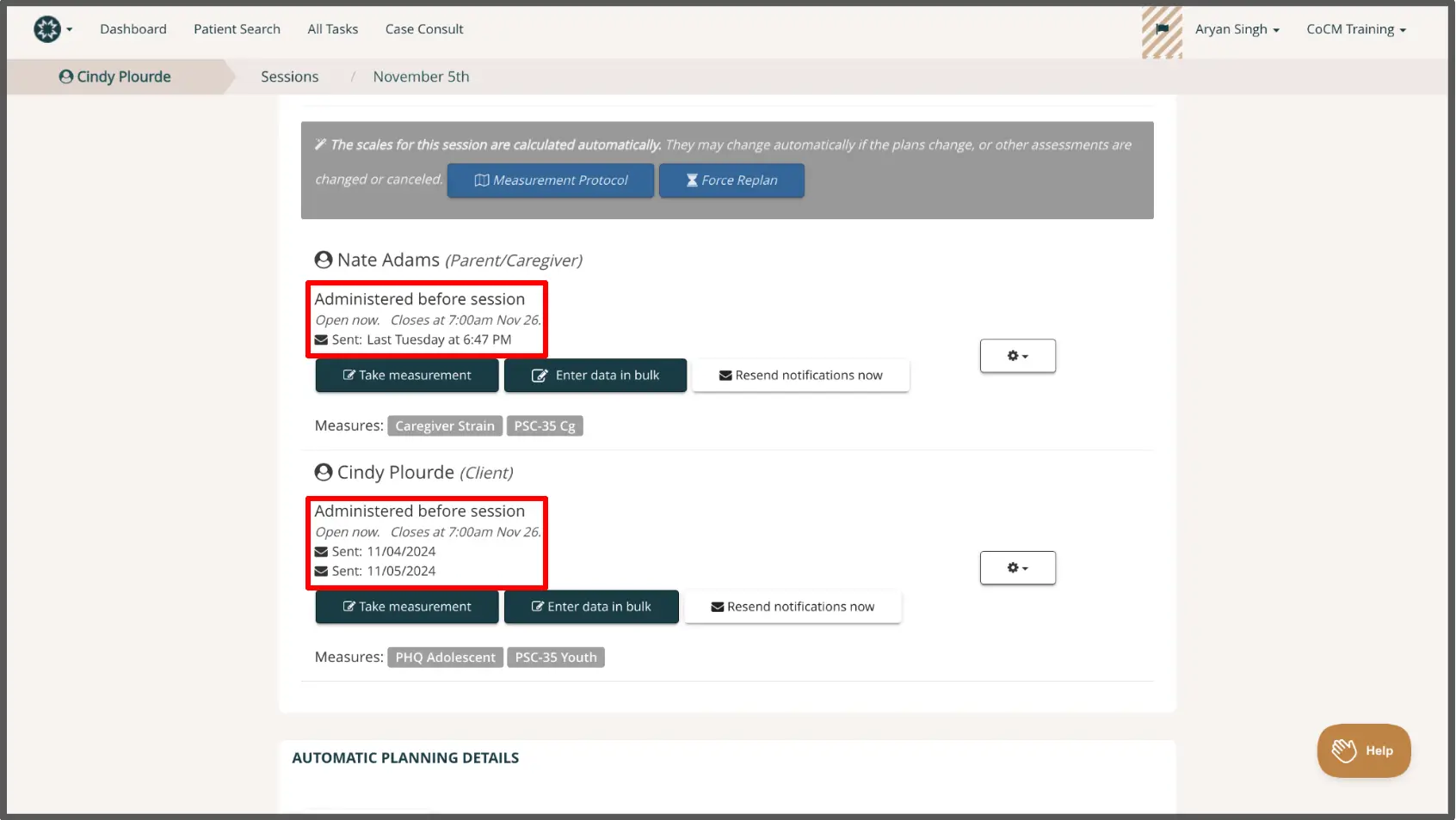 Mirah platform session details for Cindy Plourde on November 5th