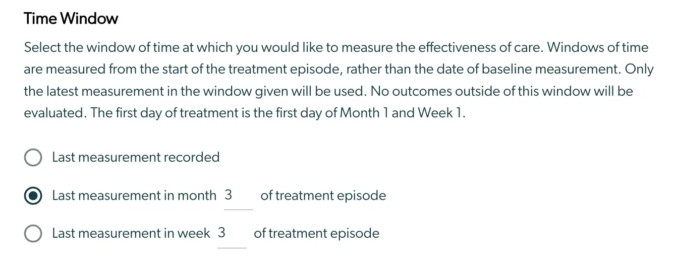 Mirah Outcomes Framework Time Window selection screen for reporting analytics