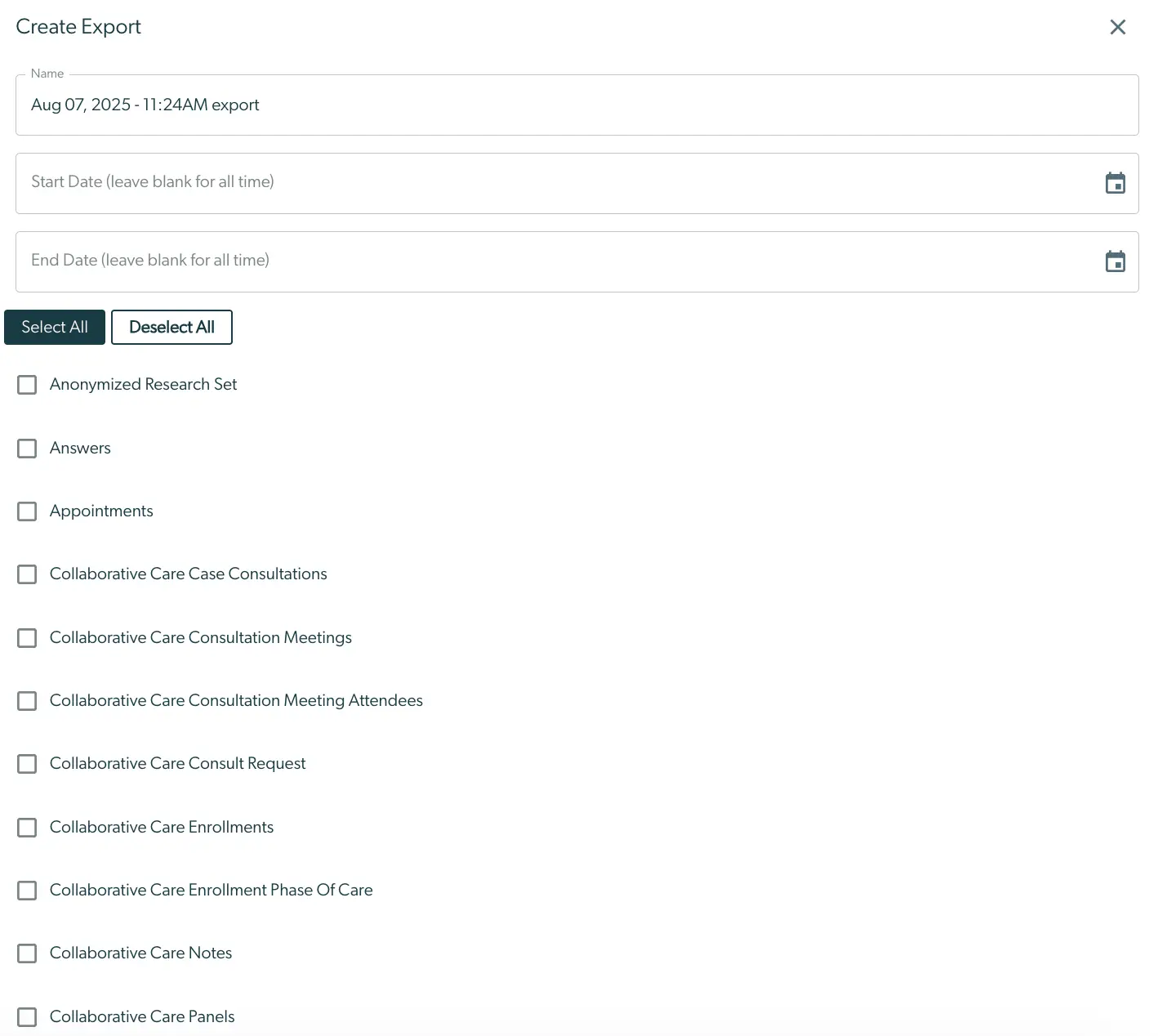 Mirah Collaborative Care - Create Export screen for selecting data categories and setting date range for export