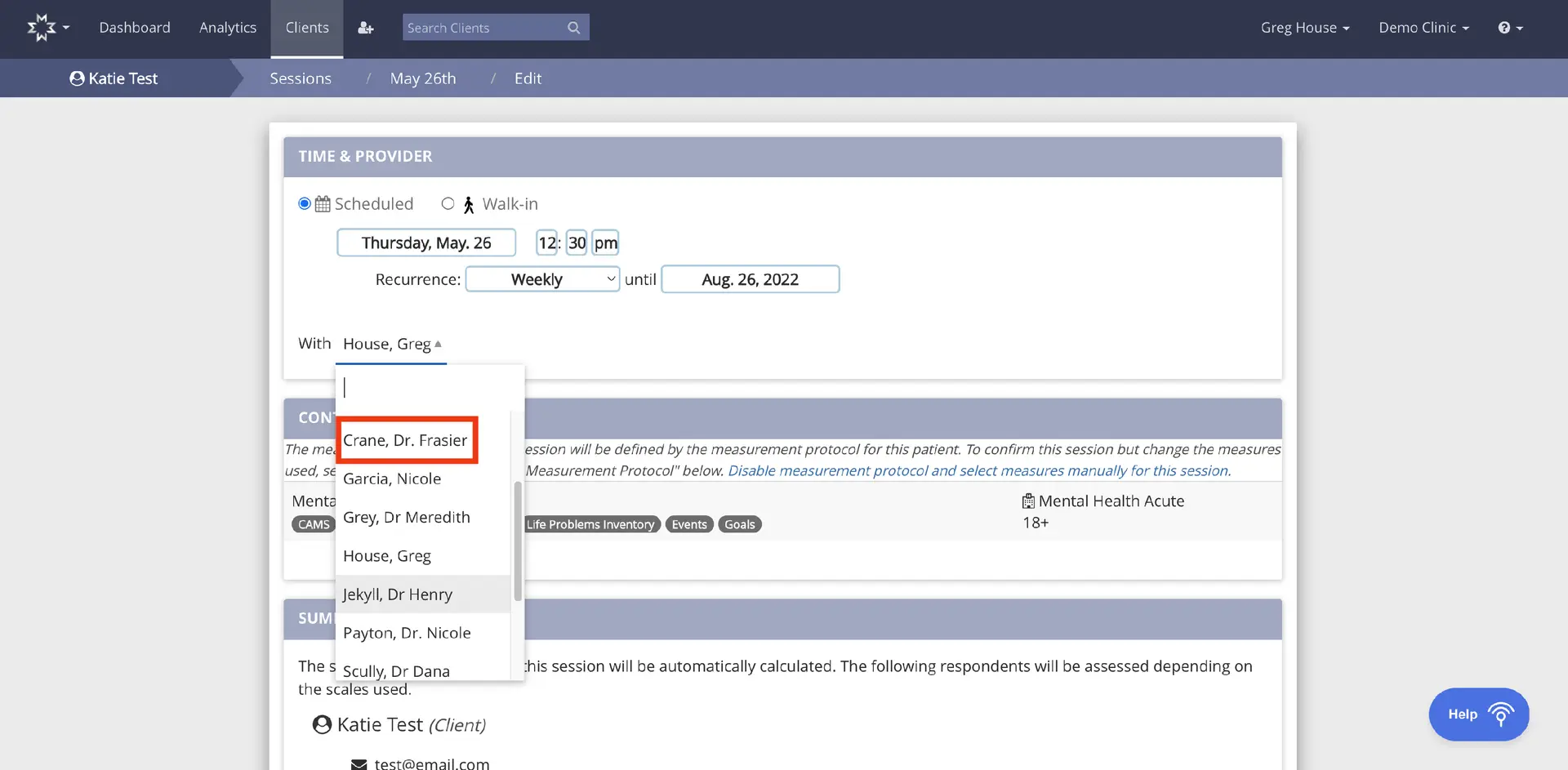 Mirah platform edit clinician for recurring appointment series screen, Katie Test session May 26th edit