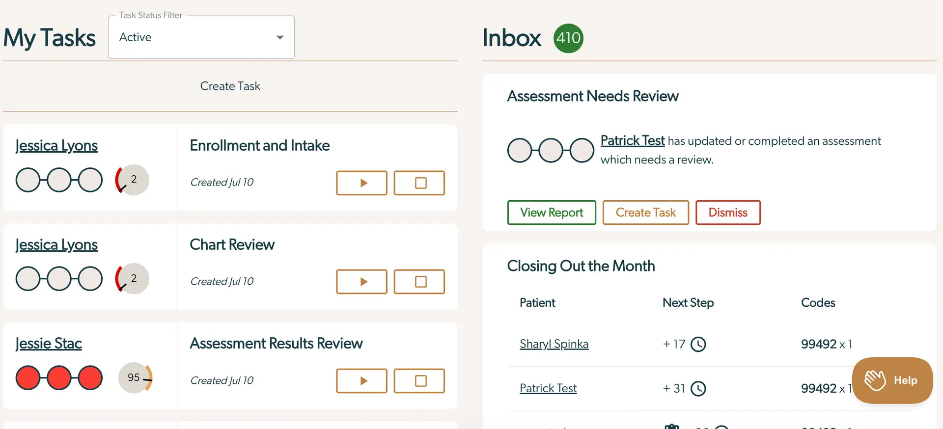 Mirah Collaborative Care Dashboard showing My Tasks and Inbox sections with task management and assessment review options.