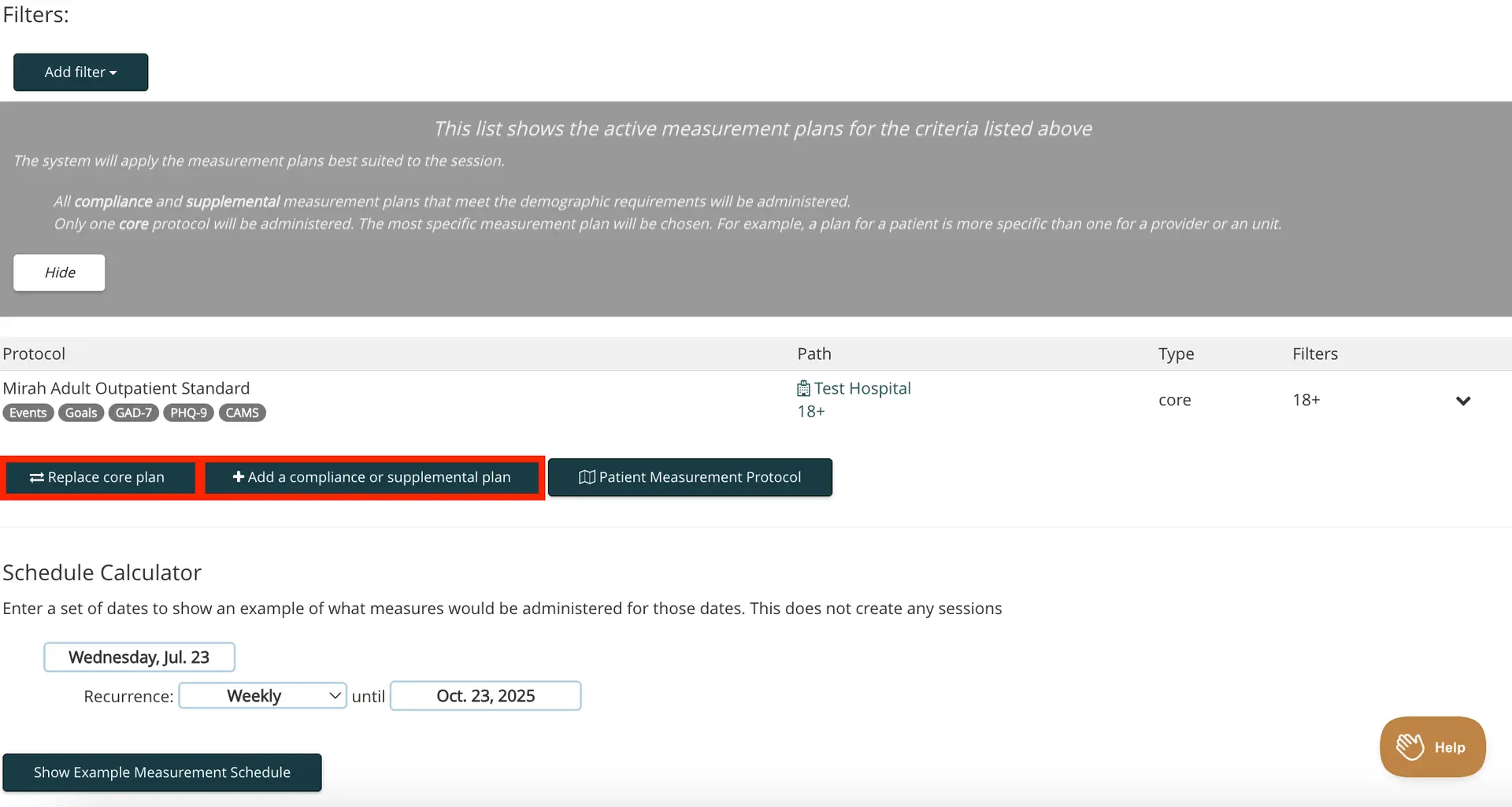 Mirah Measurement Protocol Tool with options to replace or add plans and schedule calculator