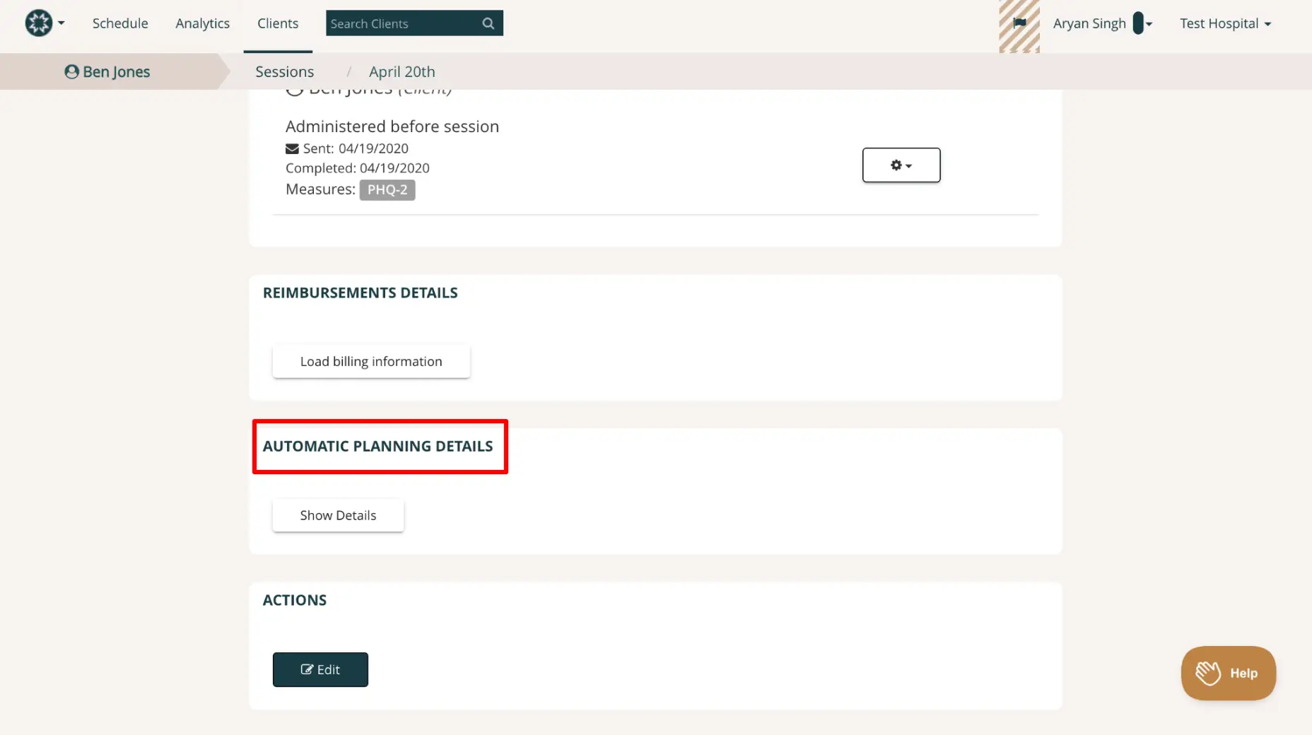 Mirah platform Sessions page for client Ben Jones on April 20th showing assessment details and options for reimbursements, planning, and actions.