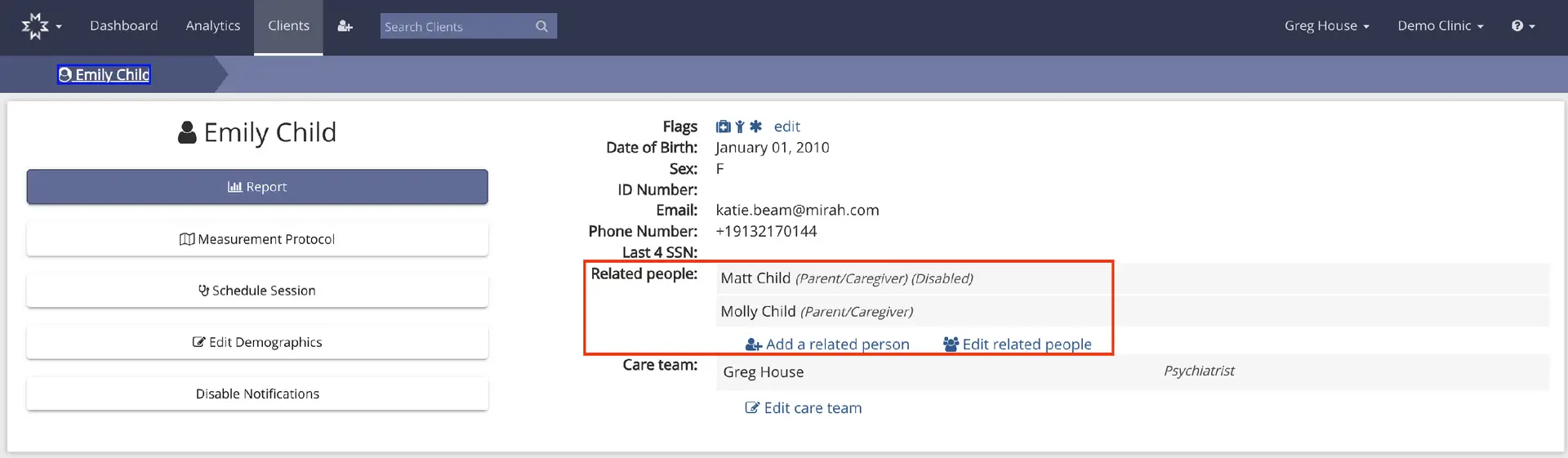 Mirah platform client profile page for Emily Child showing related people and care team details.