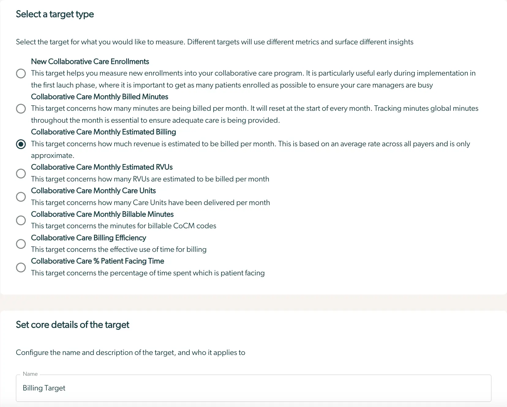 Mirah platform screen for selecting a target type in collaborative care implementation targets setup
