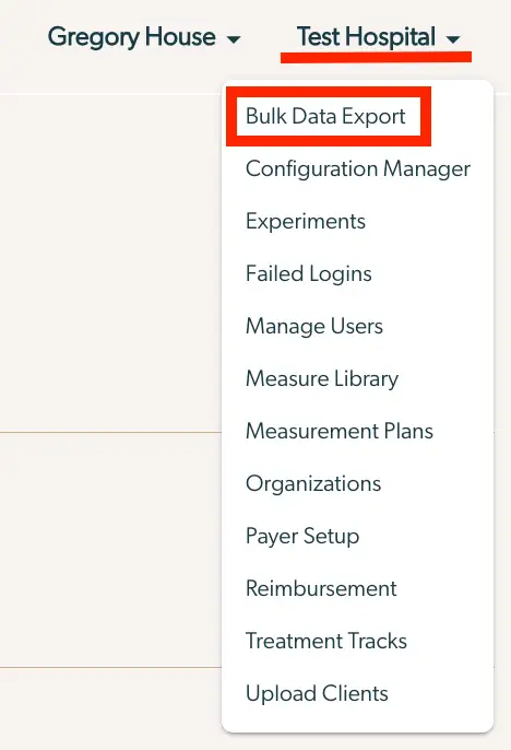 Mirah platform dropdown menu under Test Hospital with Bulk Data Export option highlighted