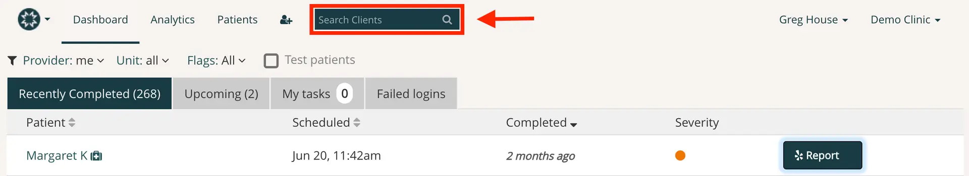 Mirah Dashboard - Search Clients and Recently Completed Reports