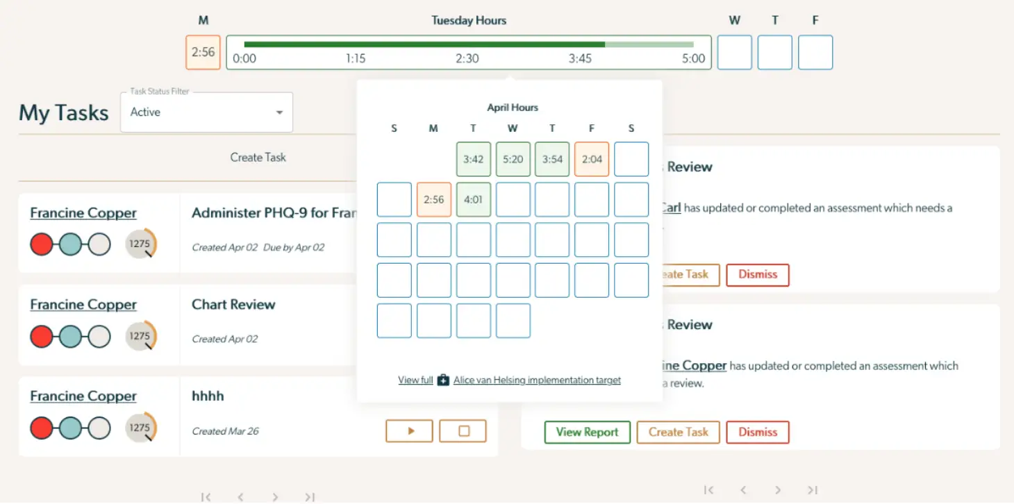 Mirah Collaborative Care My Tasks screen showing task list and daily progress tracker for April hours.