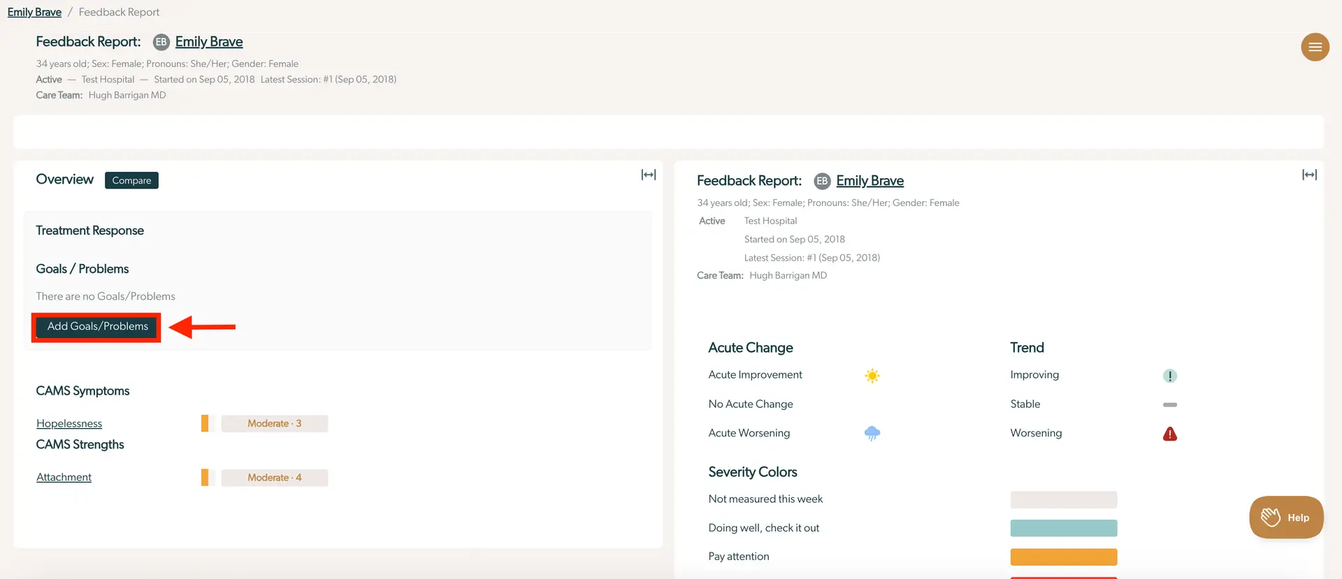 Mirah platform Feedback Report page for Emily Brave showing patient details, goals/problems section, CAMS symptoms and strengths, acute change, trend, and severity colors.