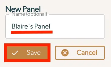 Mirah platform new panel creation screen with text input for panel name and Save and Cancel buttons.