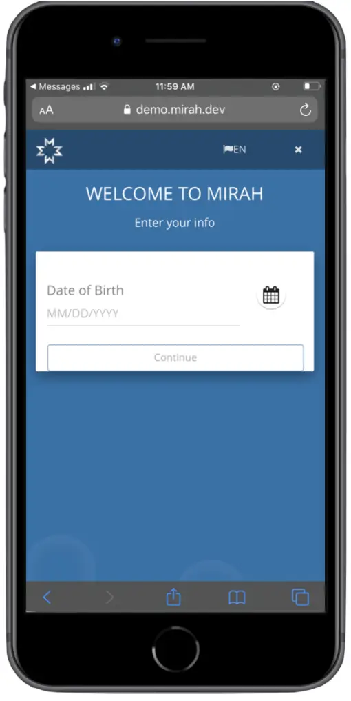 Mirah patient interface login screen with date of birth entry field.