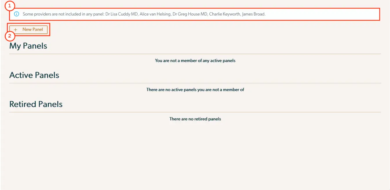 Mirah Collaborative Care Panels management screen showing no active or retired panels and a button to create a new panel.
