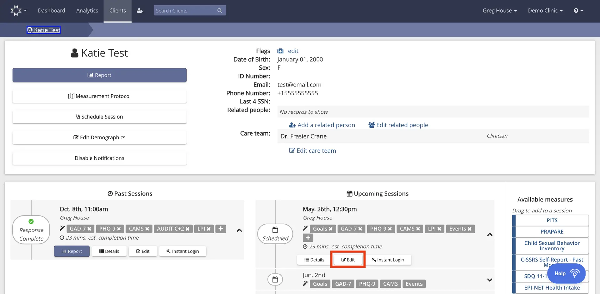 Mirah platform client profile page for Katie Test showing past and upcoming sessions with options to edit and manage patient data.