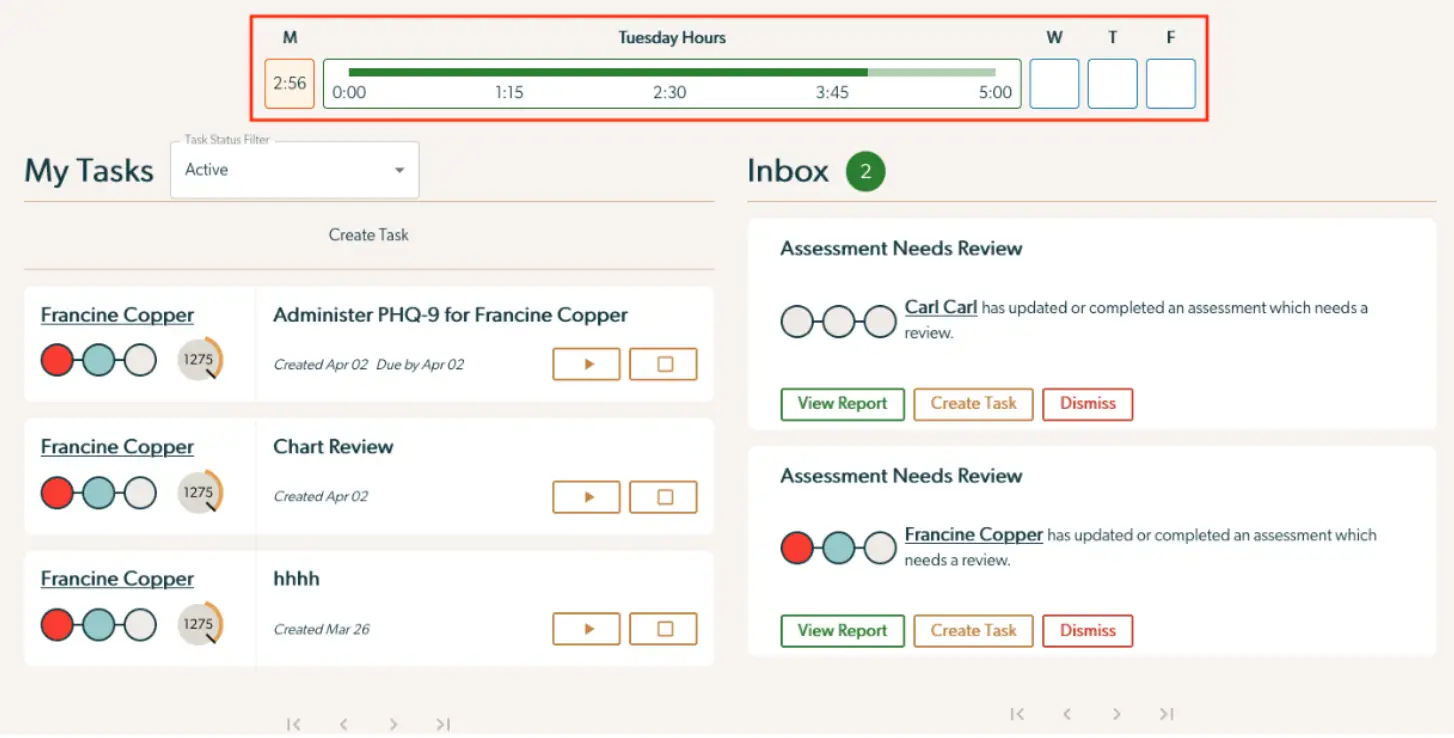 Mirah Collaborative Care Daily Progress Tracker showing My Tasks and Inbox sections with task and assessment details.