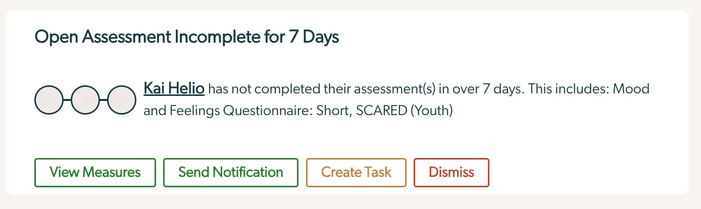 Collaborative Care Dashboard - Open Assessment Incomplete for 7 Days notification for Kai Helio