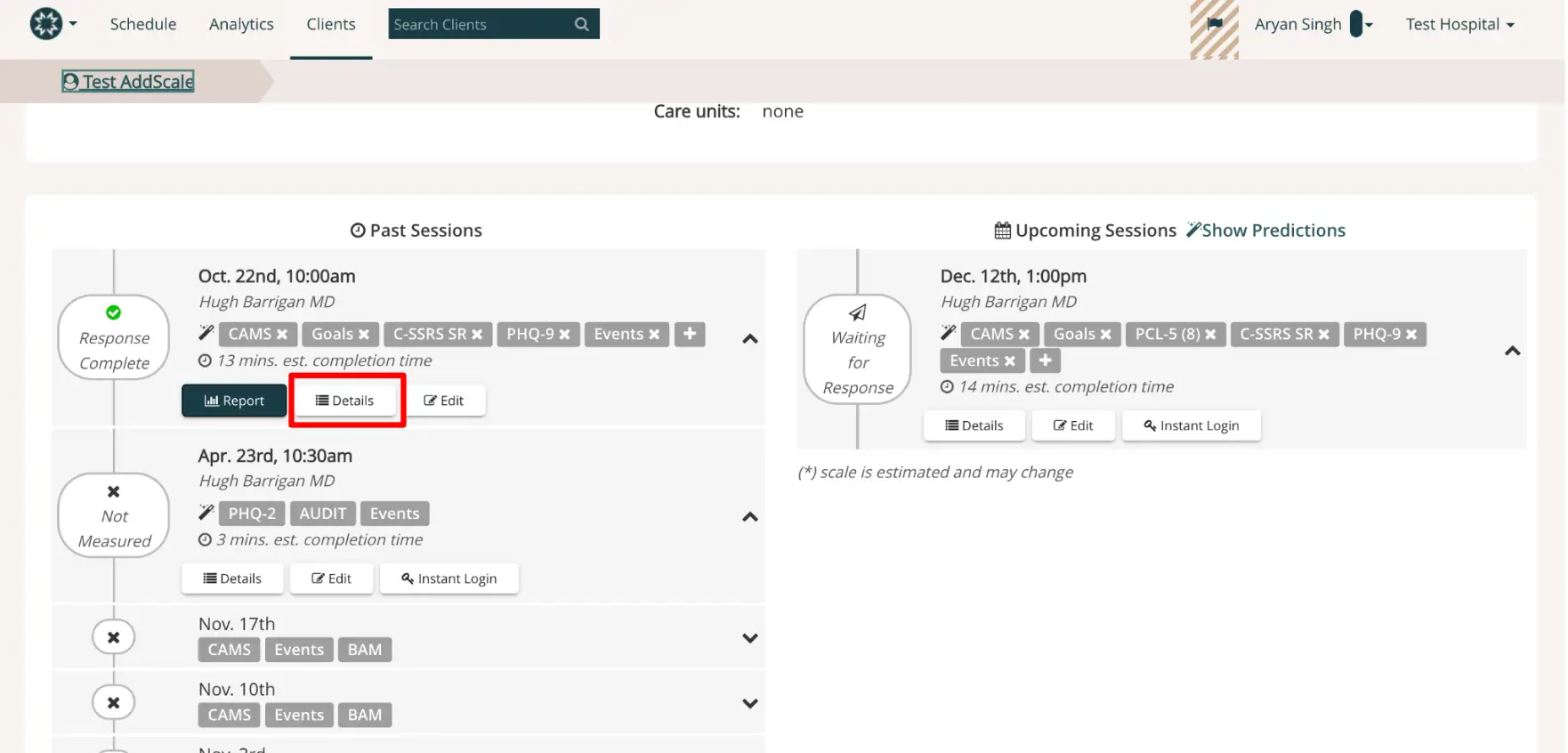 Mirah platform session management screen showing past and upcoming sessions for Hugh Barrigan MD.