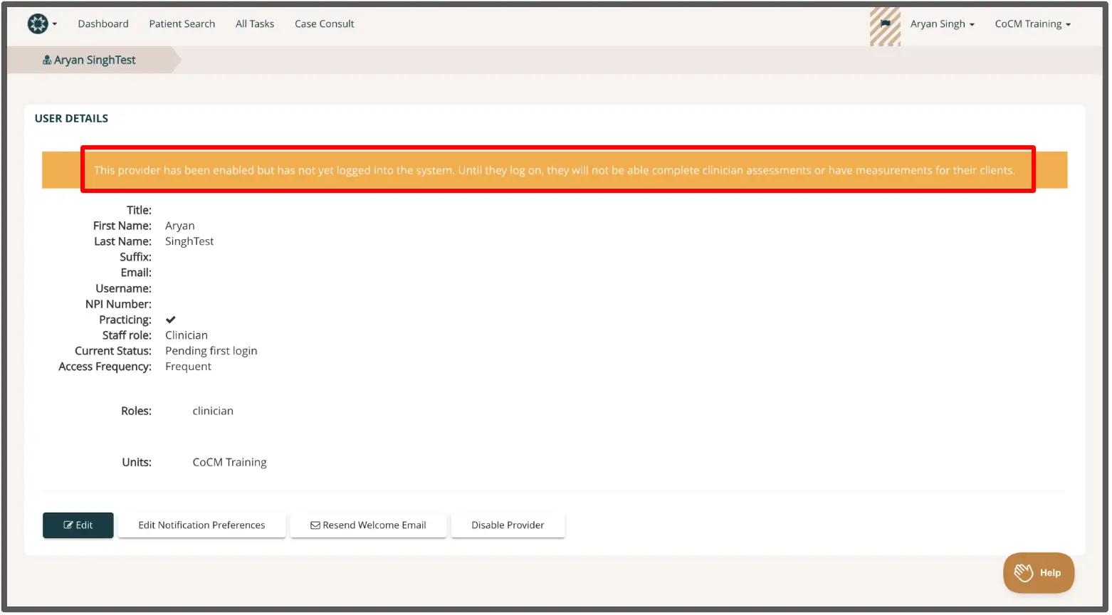Mirah platform user details page for Aryan SinghTest with pending login status