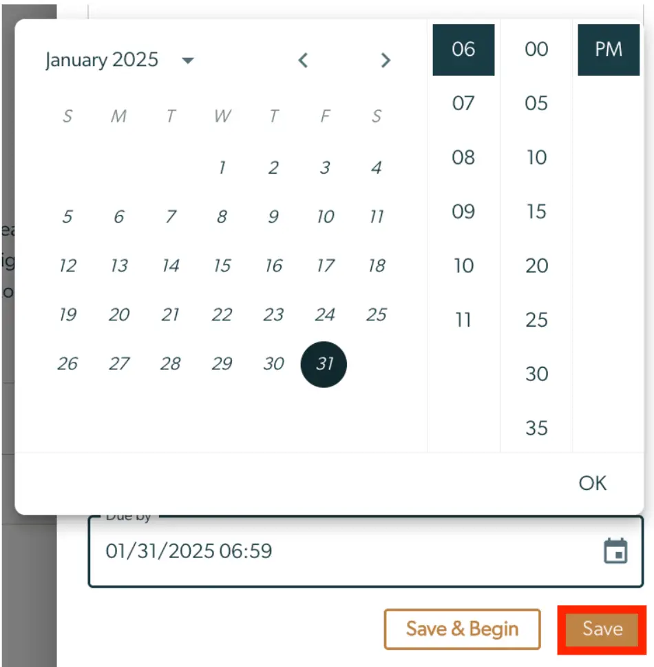 Mirah Collaborative Care Troubleshooting Guide - Managing Time Entry Logs date and time picker for January 2025
