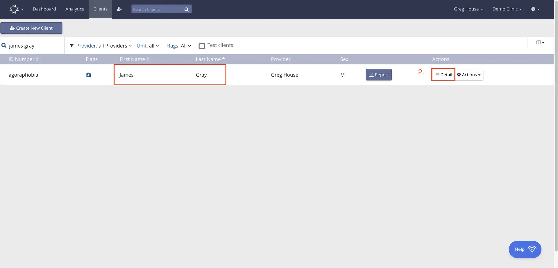 Mirah Clients section showing client James Gray with options to view report and details.