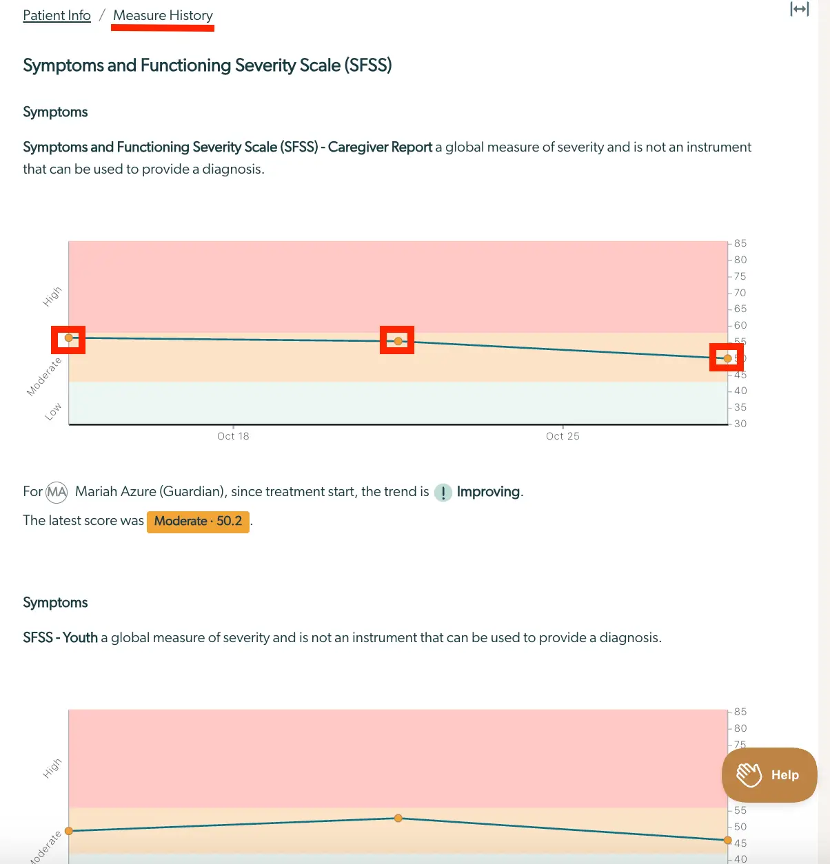 Mirah platform Measure History page showing Symptoms and Functioning Severity Scale (SFSS) Enhanced Feedback Report