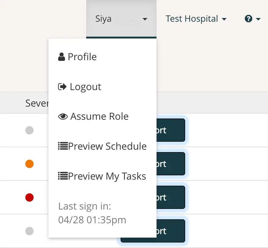 Mirah platform user profile dropdown menu with options for Profile, Logout, Assume Role, Preview Schedule, and Preview My Tasks.