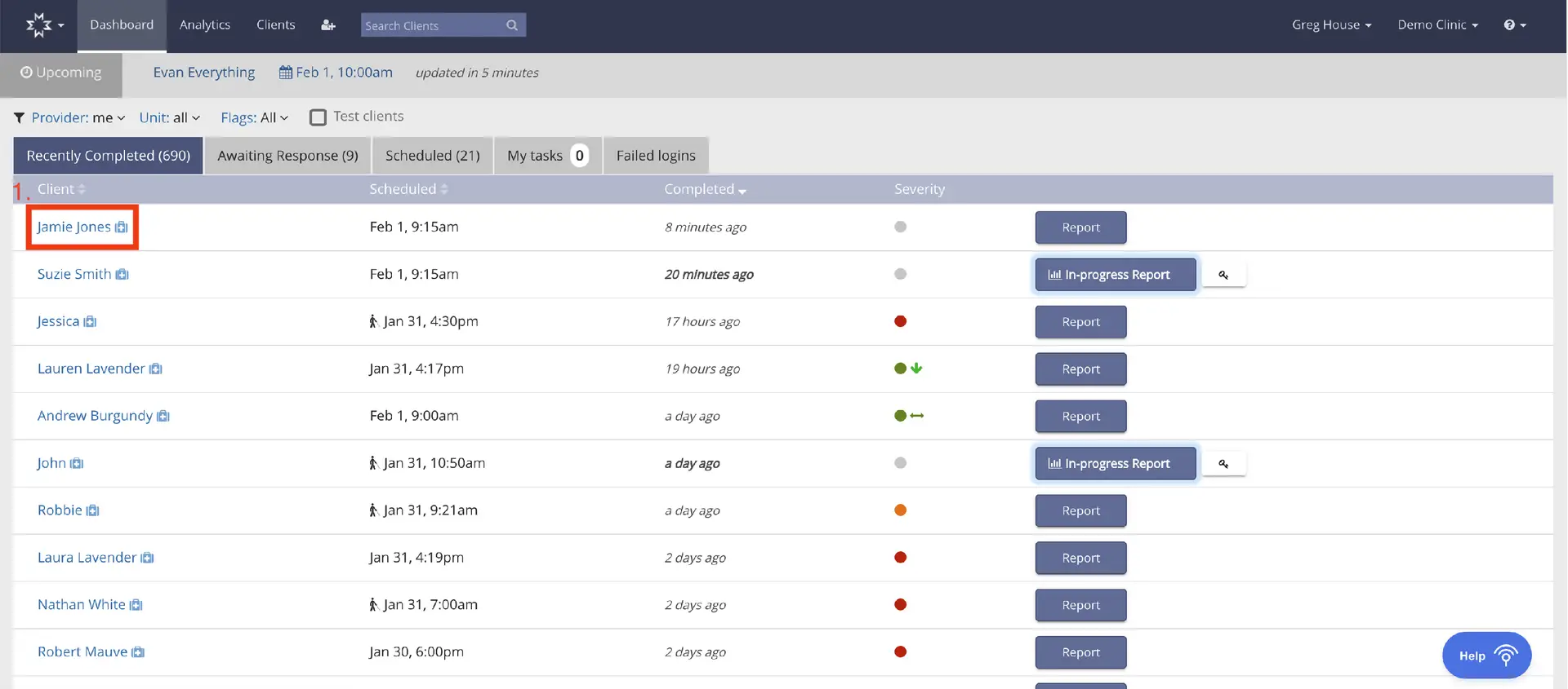 Mirah platform patient management screen showing Recently Completed tab with client list and report options
