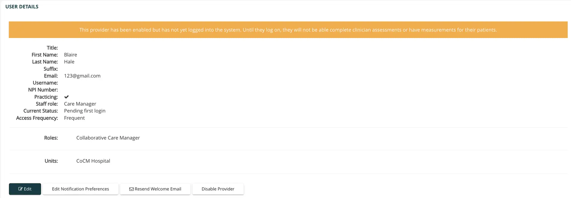 Mirah User Details page for managing healthcare provider Blaire Hale at CoCM Hospital