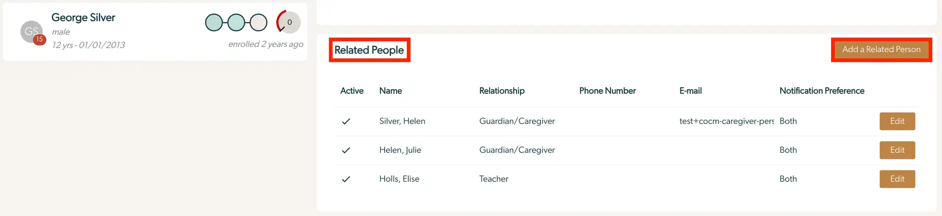 Mirah Collaborative Care - Patients - Related People section for George Silver