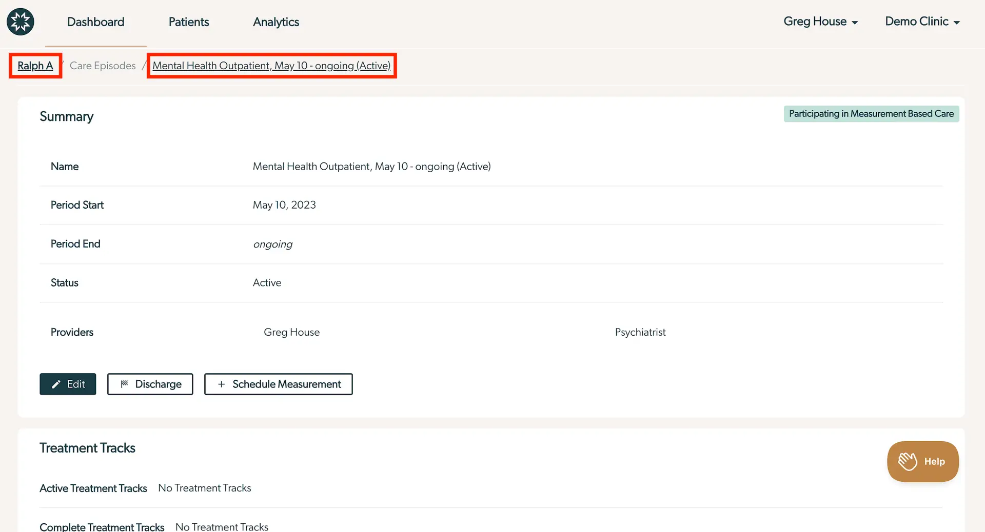 Mirah platform patient care episode details for Ralph A, Mental Health Outpatient, May 10 - ongoing, active status.