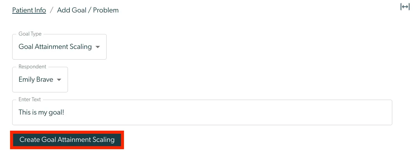 Patient Info Add Goal Problem screen in Mirah platform showing Goal Attainment Scaling setup