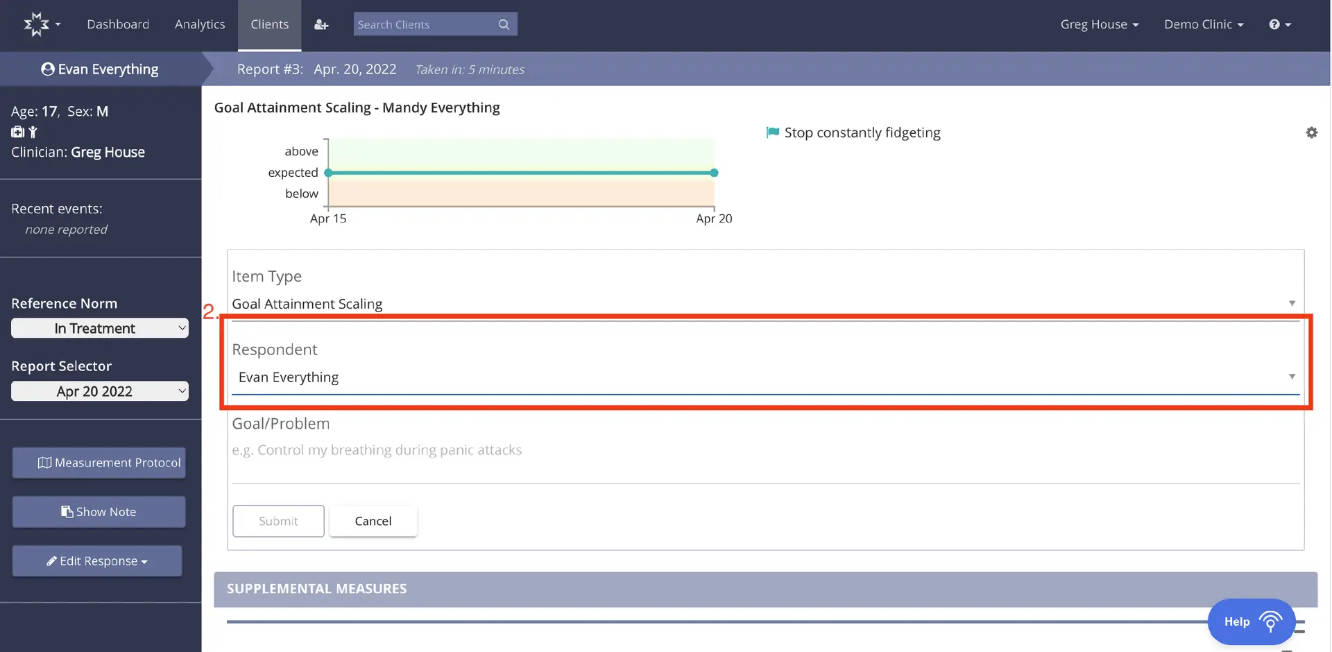 Mirah platform goal attainment scaling screen for Evan Everything, report dated April 20, 2022.