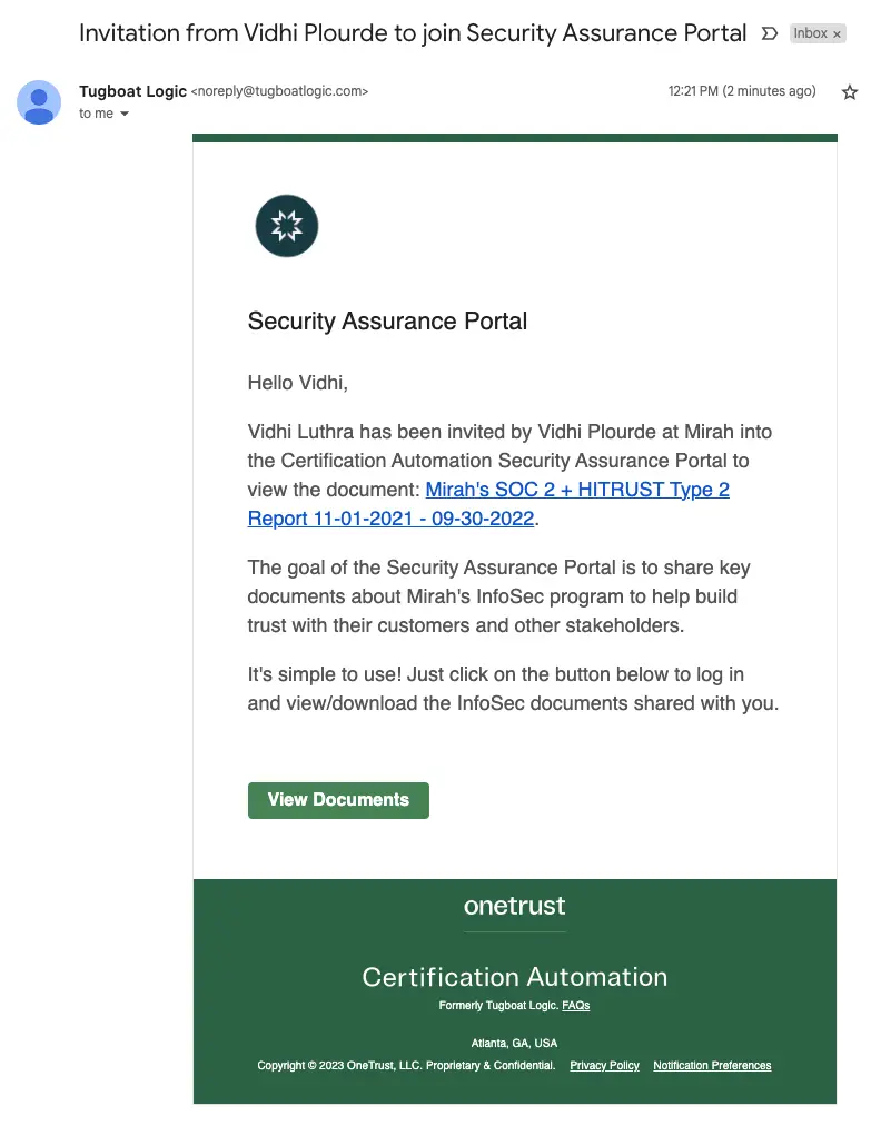 Email invitation to join Mirah Security Assurance Portal from Tugboat Logic