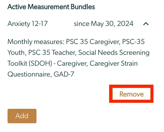 Mirah Collaborative Care Active Measurement Bundles screen showing Anxiety 12-17 bundle with Remove and Add buttons.