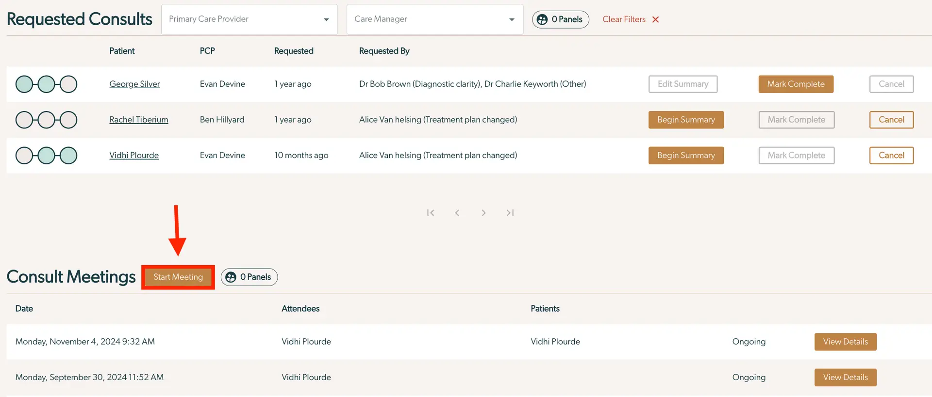 Mirah Collaborative Care Requested Consults and Consult Meetings interface