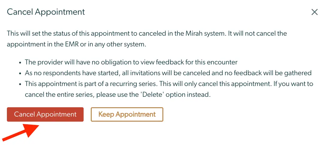Mirah platform Cancel Appointment dialog box
