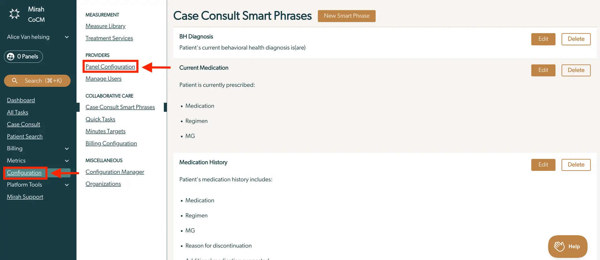 Mirah platform Case Consult Smart Phrases page with navigation menu and options to edit or delete smart phrases.