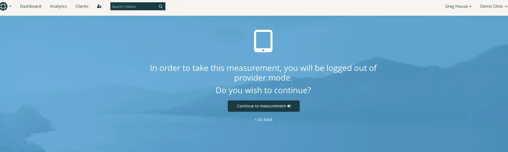 Mirah platform screen prompting logout from provider mode to take measurement